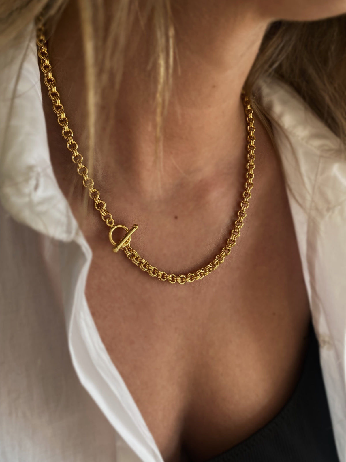 Thick bold rolo chain necklace : 18k gold filled sterling silver with t clasp - KathyRossJewelry