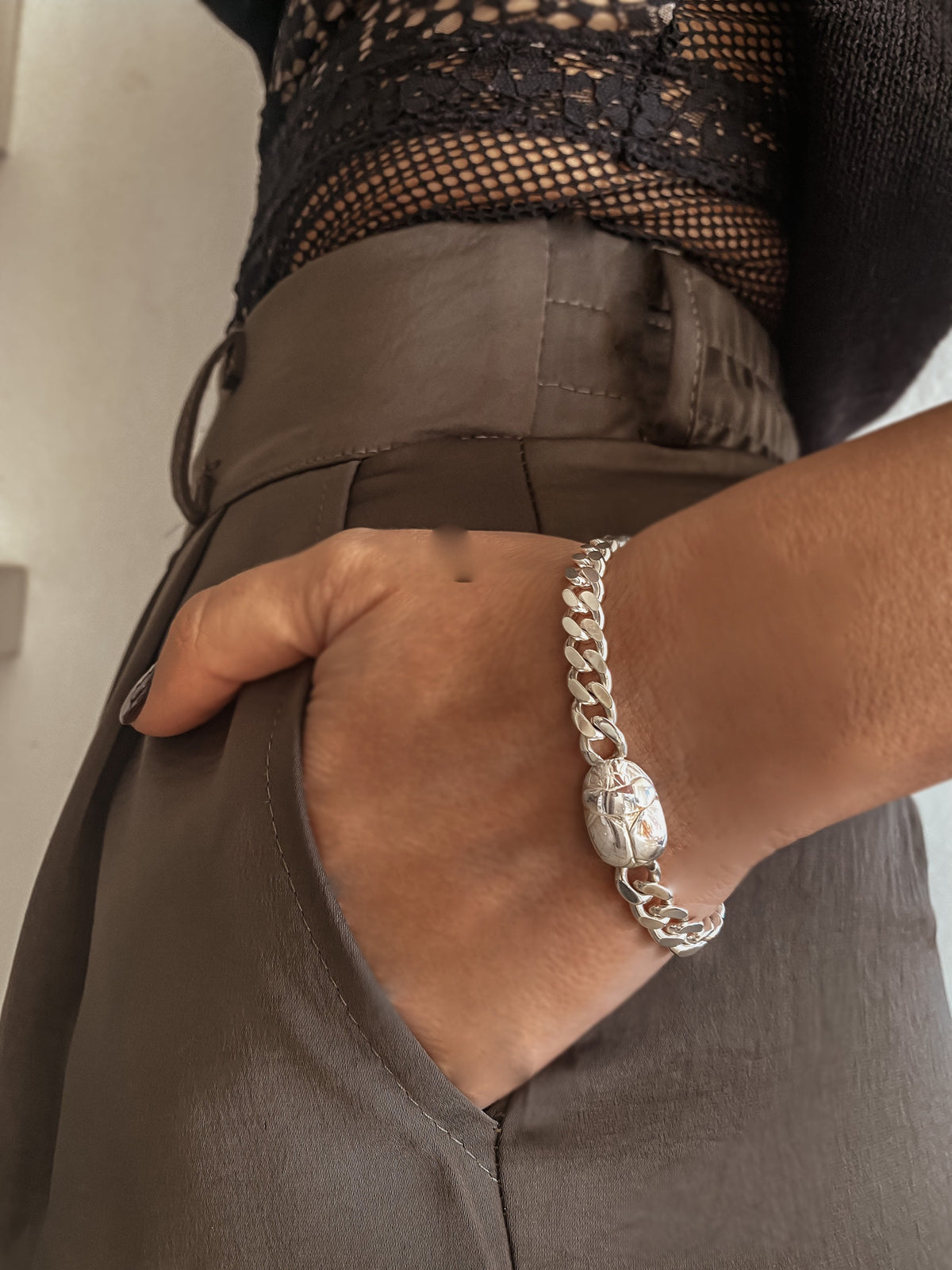 Solid Sterling Silver Chain bracelet with scarab and hieroglyphic - KathyRossJewelry