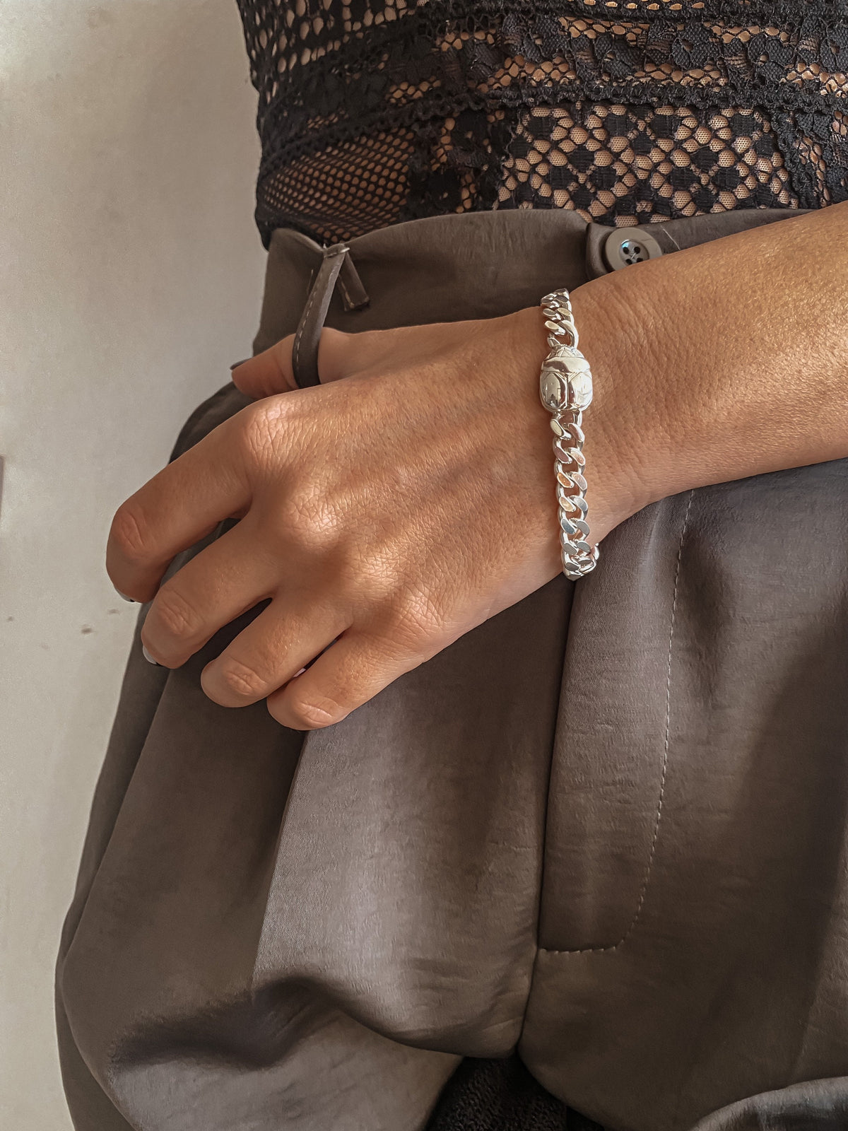 Solid Sterling Silver Chain bracelet with scarab and hieroglyphic - KathyRossJewelry