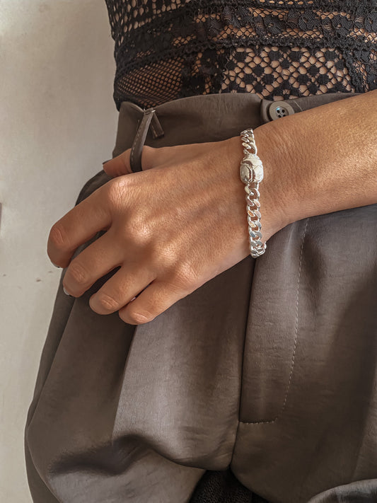 Solid Sterling Silver Chain bracelet with scarab and hieroglyphic - KathyRossJewelry