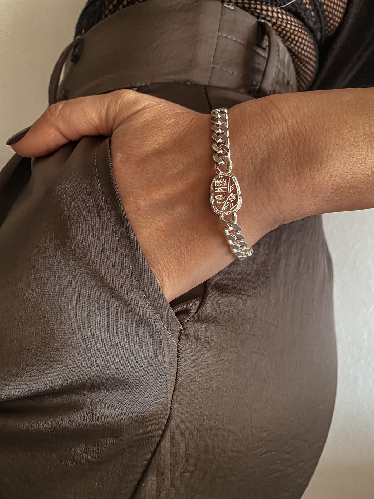 Solid Sterling Silver Chain bracelet with scarab and hieroglyphic - KathyRossJewelry