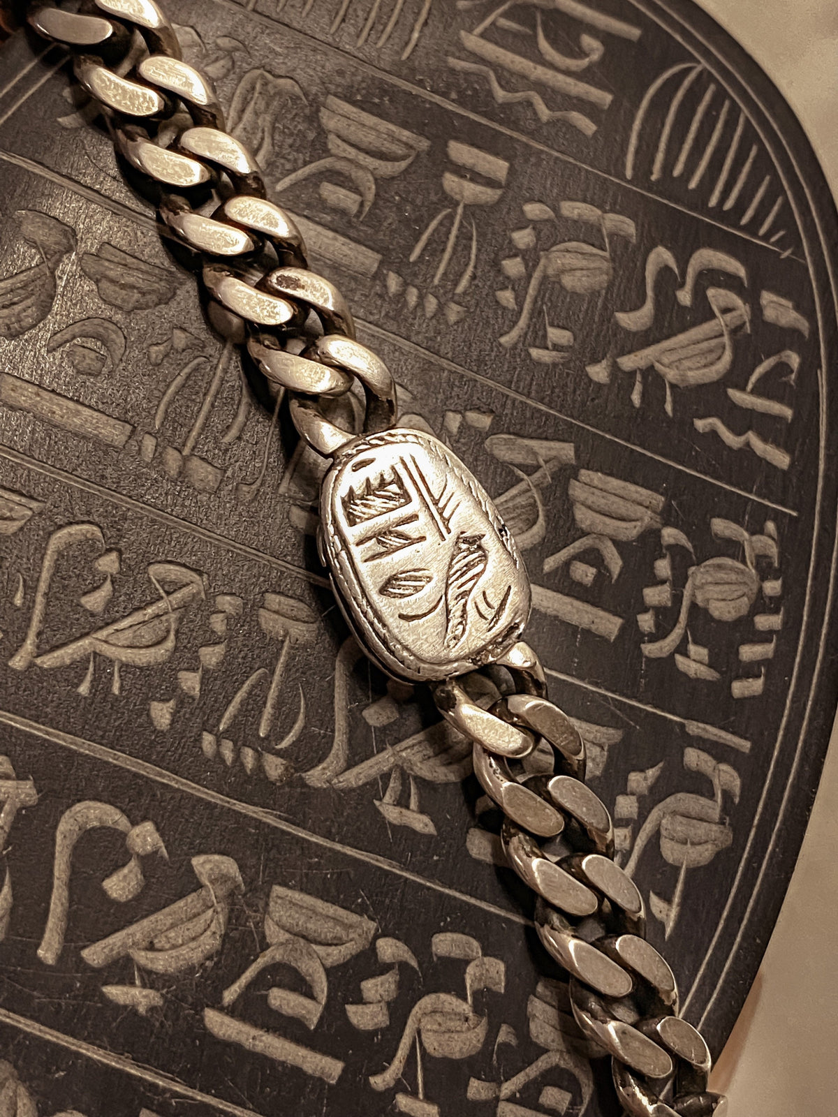 Solid Sterling Silver Chain bracelet with scarab and hieroglyphic - KathyRossJewelry