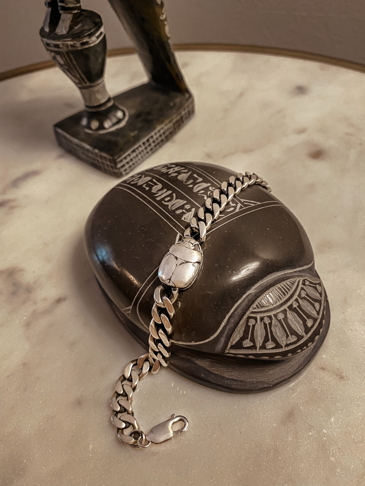 Solid Sterling Silver Chain bracelet with scarab and hieroglyphic - KathyRossJewelry