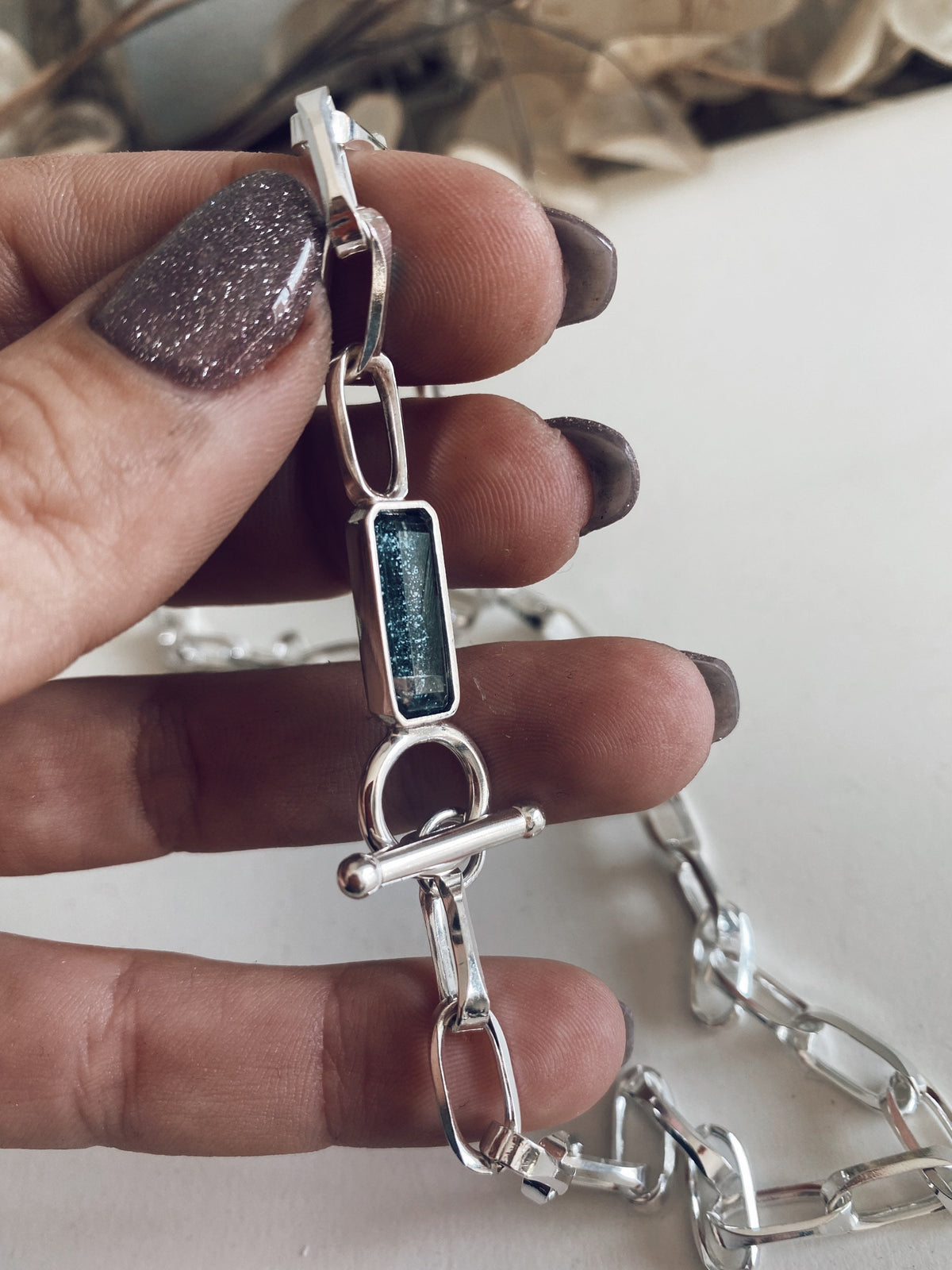 Sterling Silver 925 Paperclip Chain Necklace: Apatite Quartz Crystal T-Bar Clasp - KathyRossJewelry