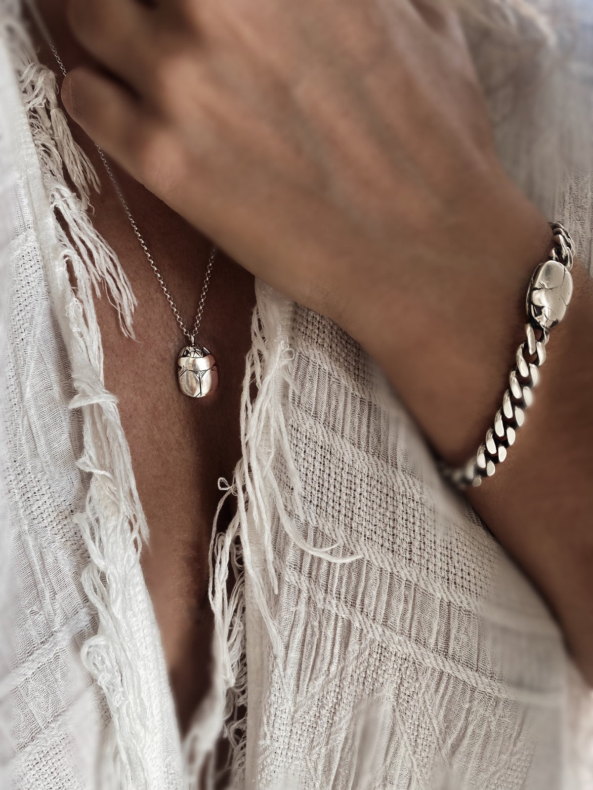 Solid Sterling Silver Chain bracelet with scarab and hieroglyphic - KathyRossJewelry