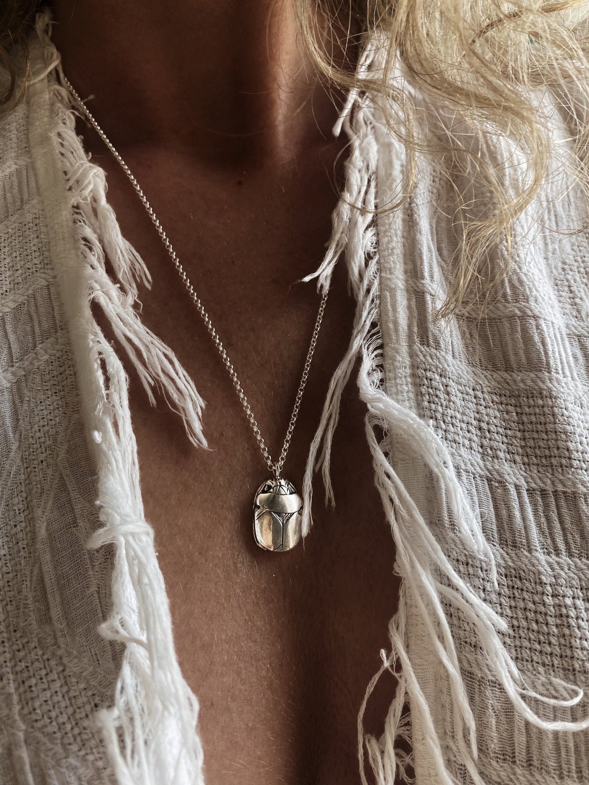 Solid sterling Silver Egyptian Scarab charm Necklace , Protection Amulet Gift - KathyRossJewelry