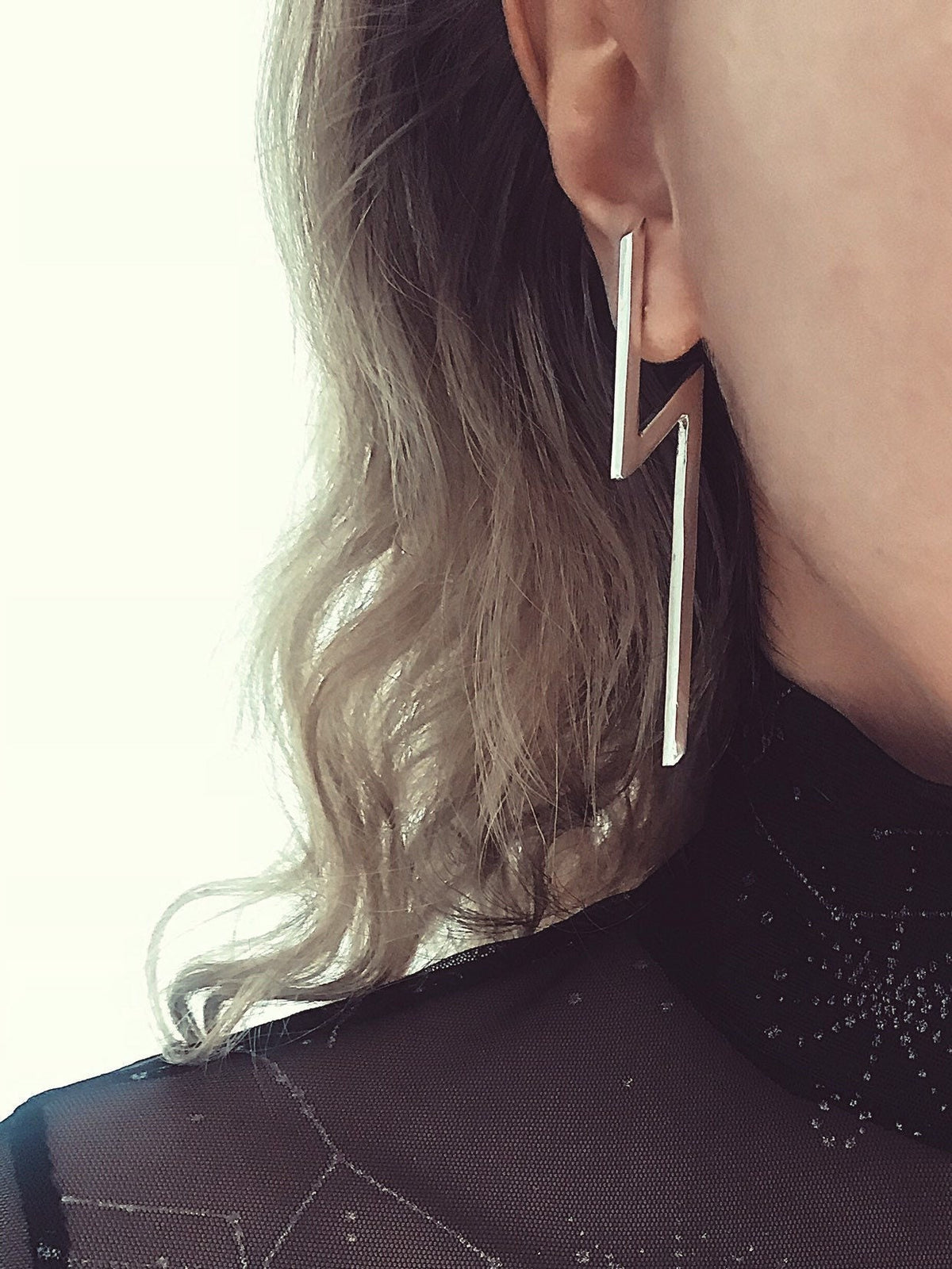 Sterling Silver Lightning Bolt Earrings, Geometric Bar Earrings - KathyRossJewelry