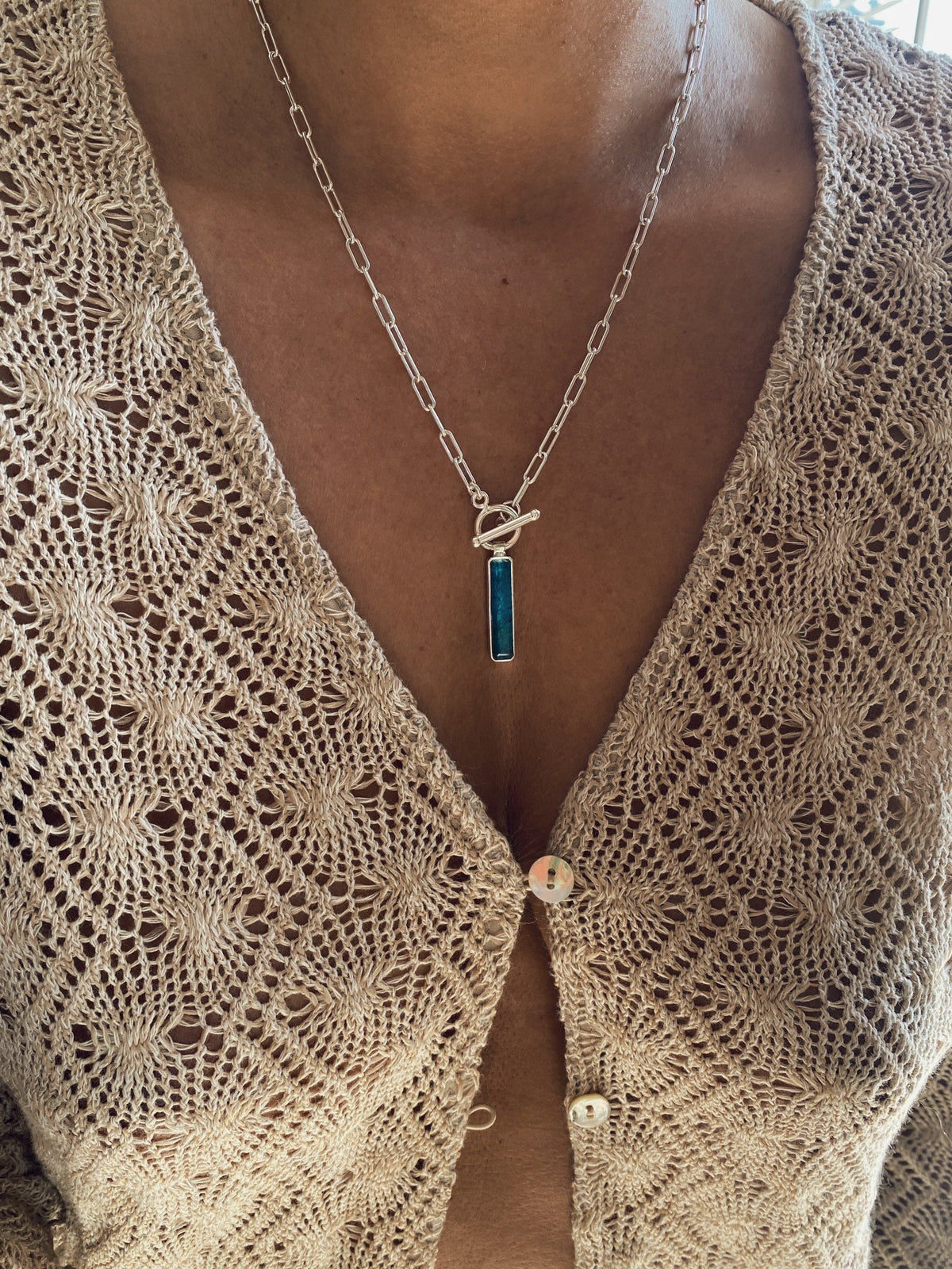 Pink tourmaline t bar chain necklace on paperclip chain - KathyRossJewelry