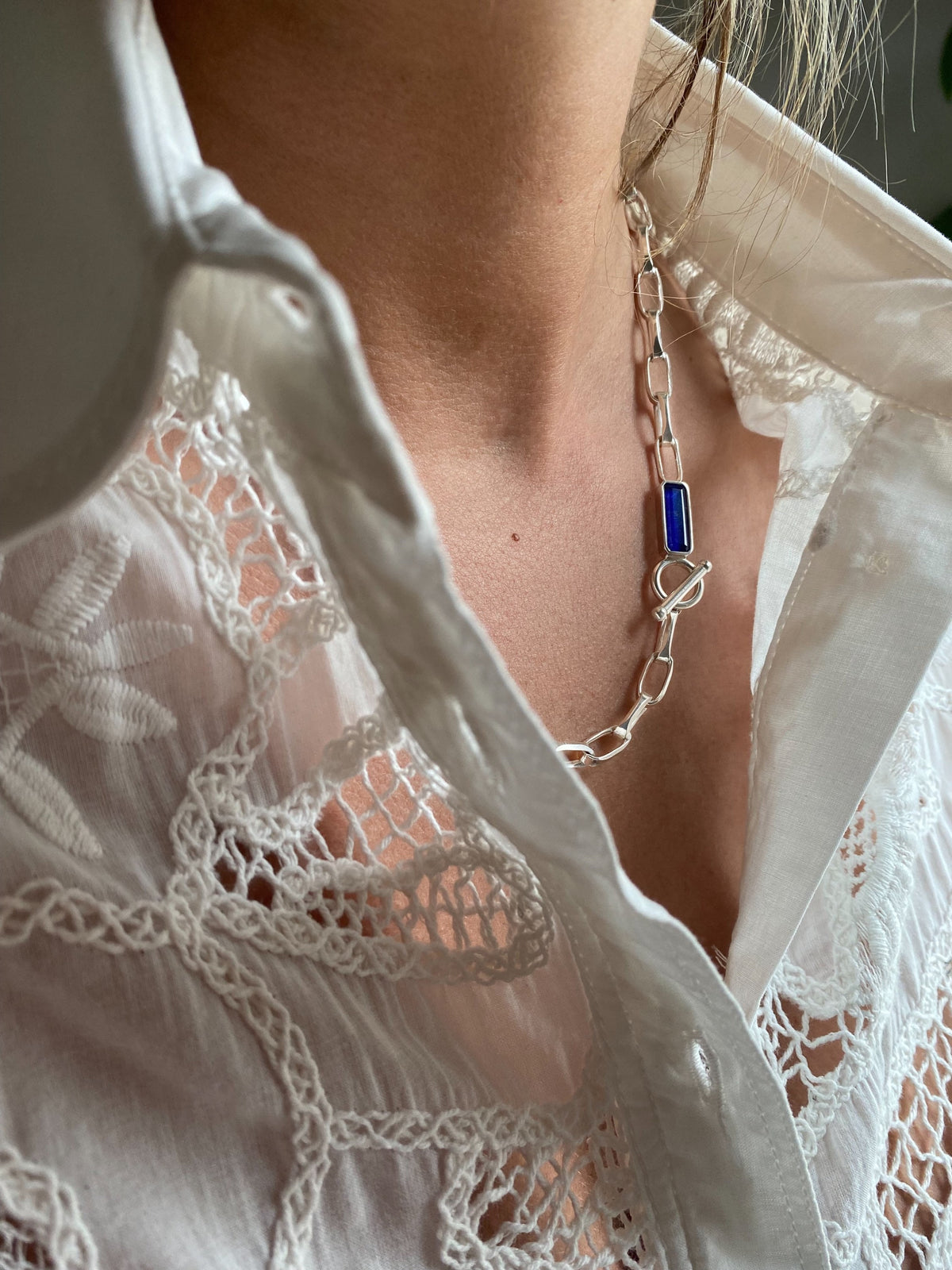 Sterling Silver 925 Paperclip Chain Necklace: Apatite Quartz Crystal T-Bar Clasp - KathyRossJewelry