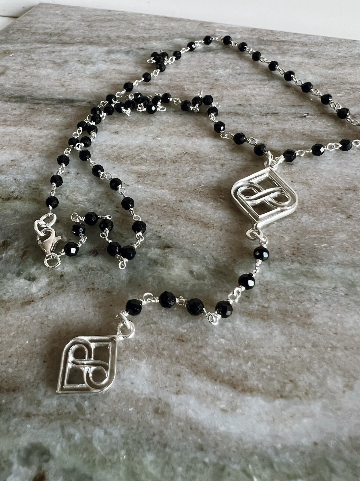 Silver Lariat Necklace: Black Rosary Boho long Necklace - KathyRossJewelry