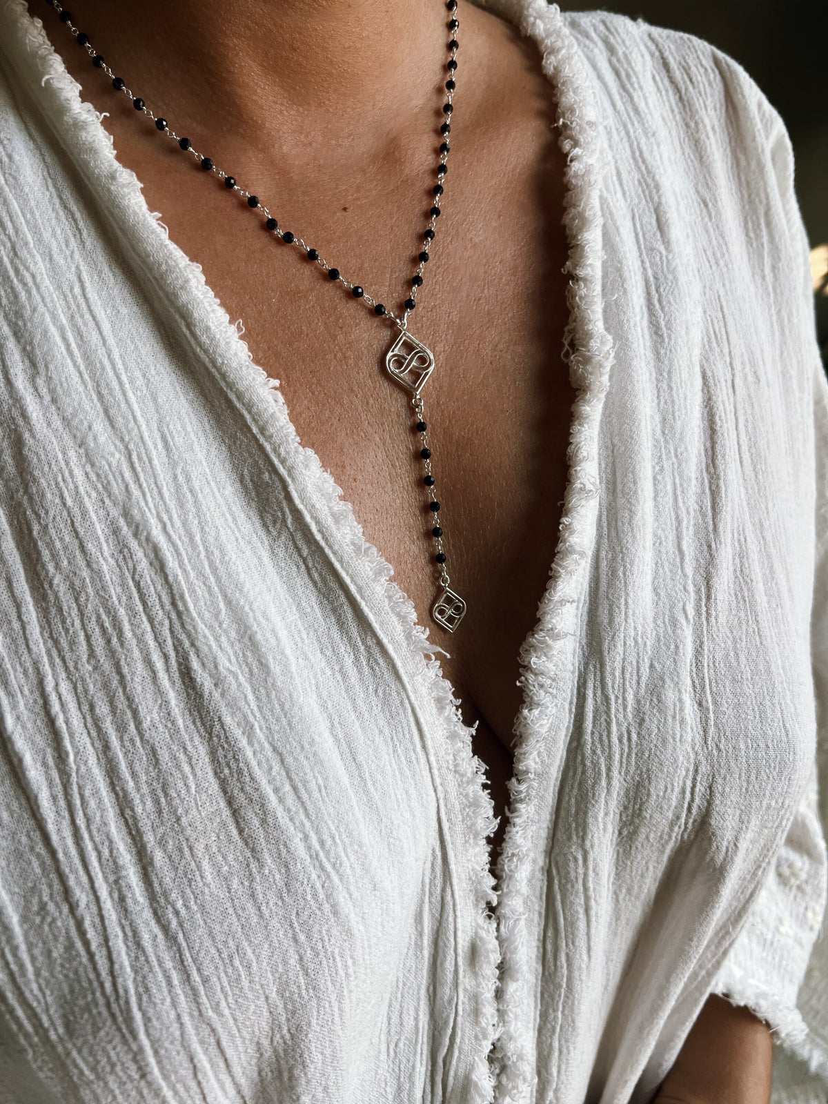 Silver Lariat Necklace: Black Rosary Boho long Necklace - KathyRossJewelry