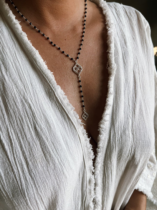 Silver Lariat Necklace: Black Rosary Boho long Necklace - KathyRossJewelry