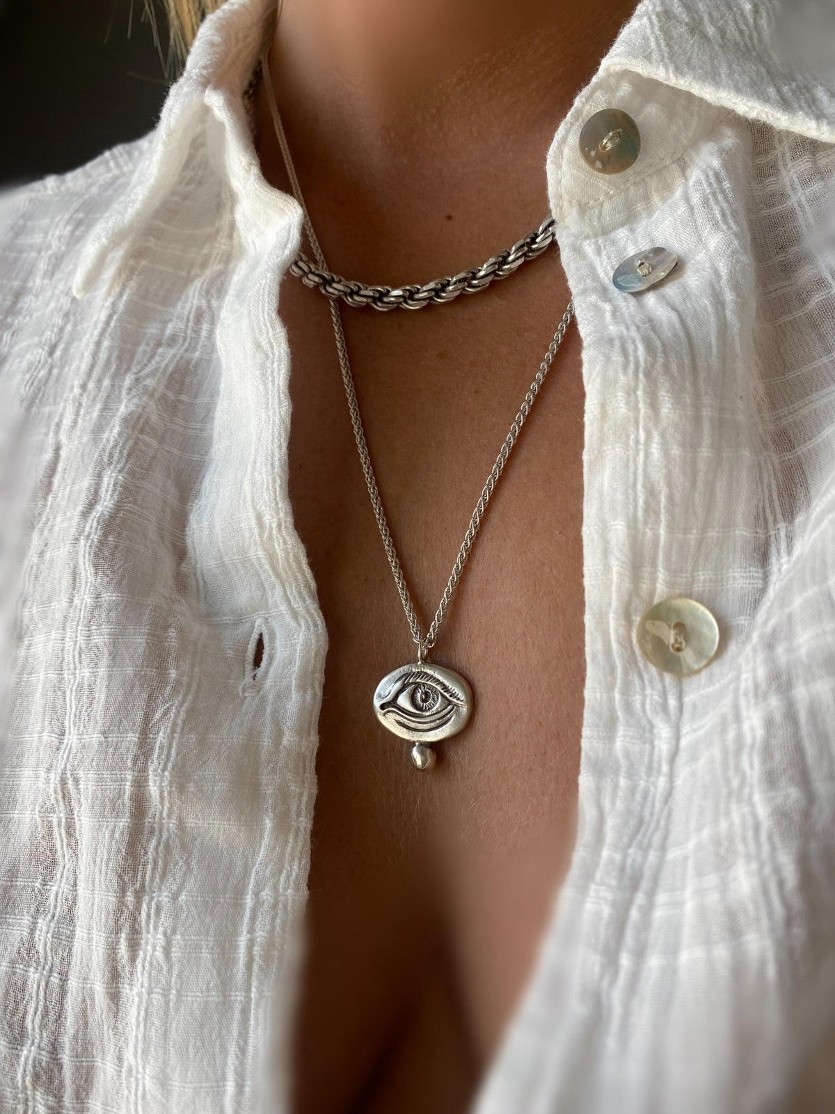 Silver anatomical Eye Pendant with rope chain Necklace - KathyRossJewelry