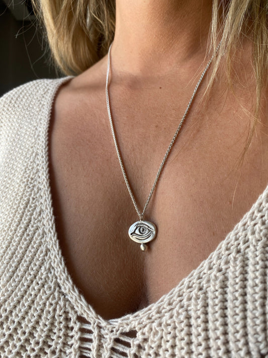 Silver anatomical Eye Pendant with rope chain Necklace - KathyRossJewelry