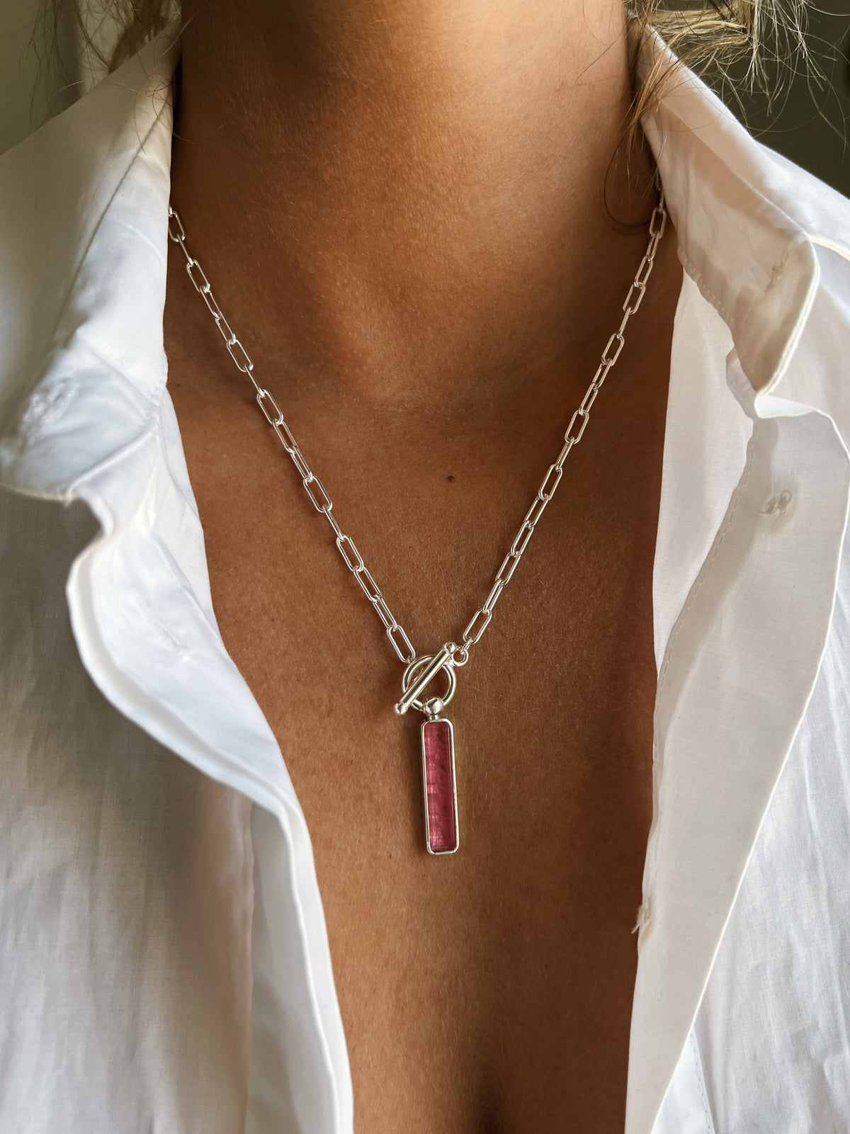 Pink tourmaline t bar chain necklace on paperclip chain - KathyRossJewelry