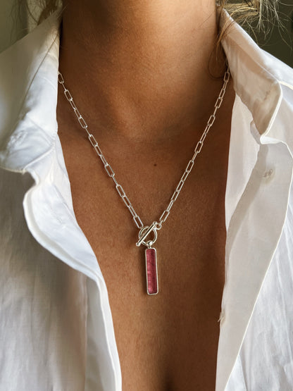 Pink tourmaline t bar chain necklace on paperclip chain - KathyRossJewelry