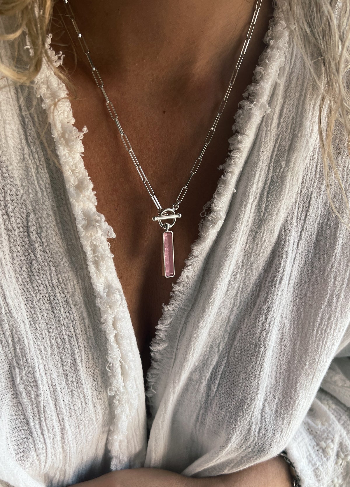 Pink tourmaline t bar chain necklace on paperclip chain - KathyRossJewelry