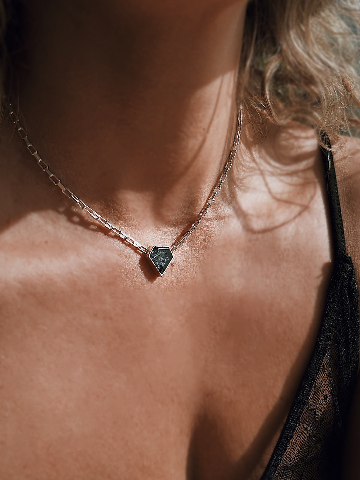 Gold filled solid silver chain necklace with Black Diamond shape gemstone - KathyRossJewelry