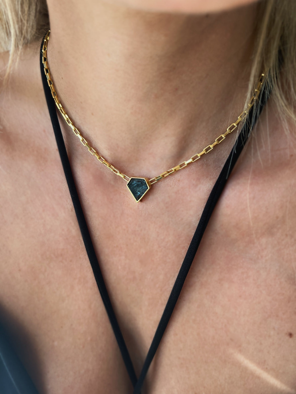 Gold filled solid silver chain necklace with Black Diamond shape gemstone - KathyRossJewelry