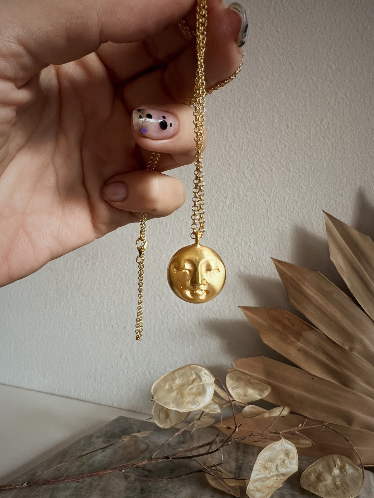 Gold Moon Face Necklace: Gold filled Sterling Silver pendant and chain - KathyRossJewelry