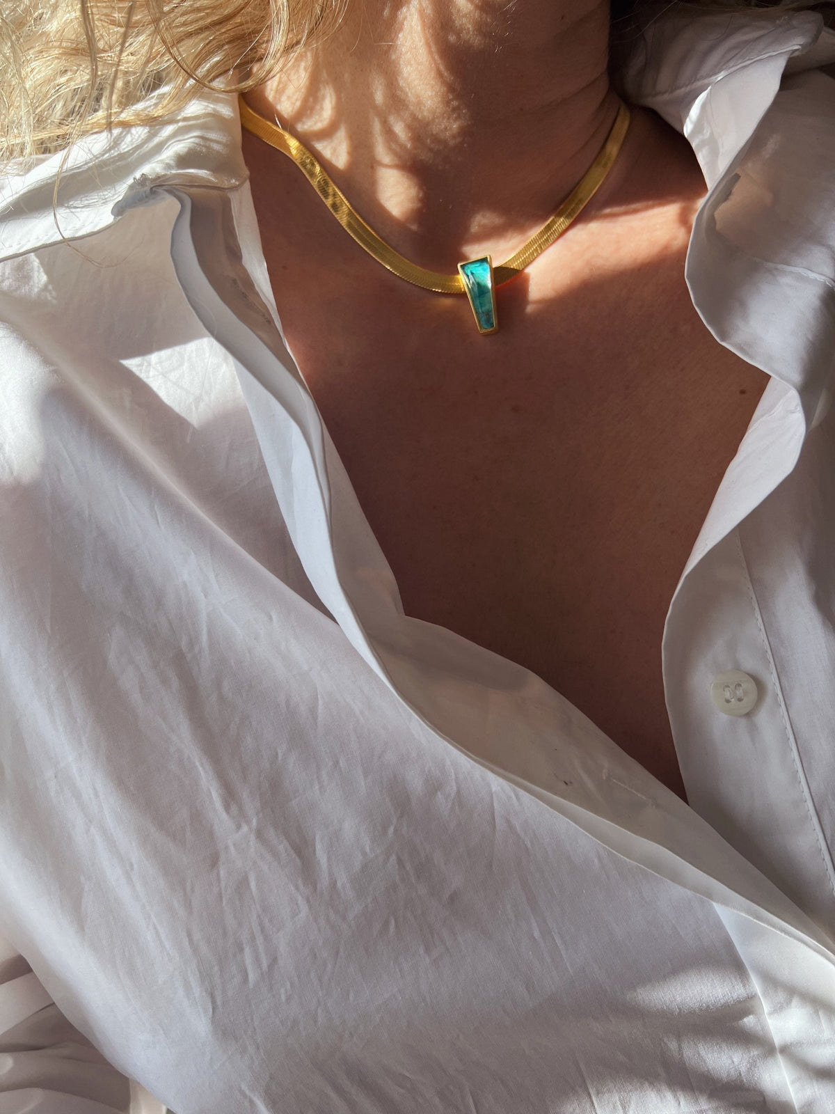 18k Gold filled Herringbone Chain Necklace: Chrysocolla Crystal Pendant, Handmade - KathyRossJewelry