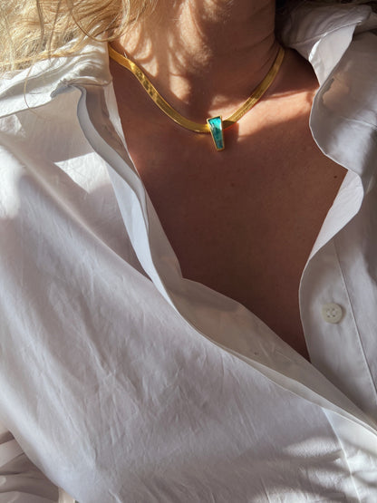 18k Gold filled Herringbone Chain Necklace: Chrysocolla Crystal Pendant, Handmade - KathyRossJewelry