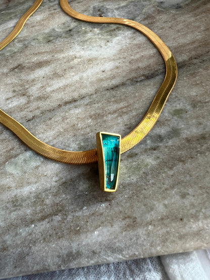 18k Gold filled Herringbone Chain Necklace: Chrysocolla Crystal Pendant, Handmade - KathyRossJewelry