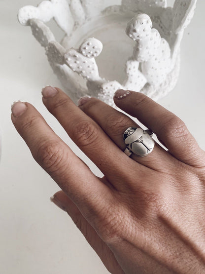 Sterling Silver Scarab with Egyptian Hieroglyphics ring Protection Amulet Gift - KathyRossJewelry