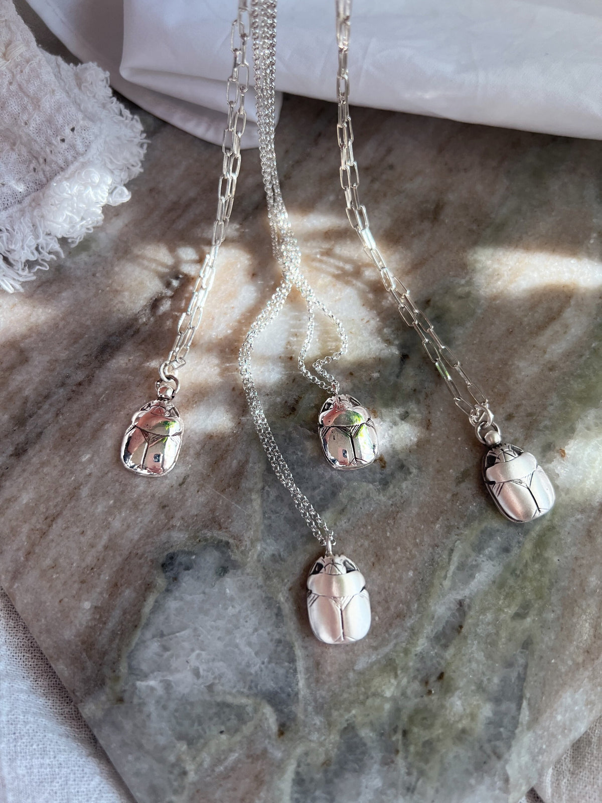 Solid sterling Silver Egyptian Scarab charm Necklace , Protection Amulet Gift - KathyRossJewelry
