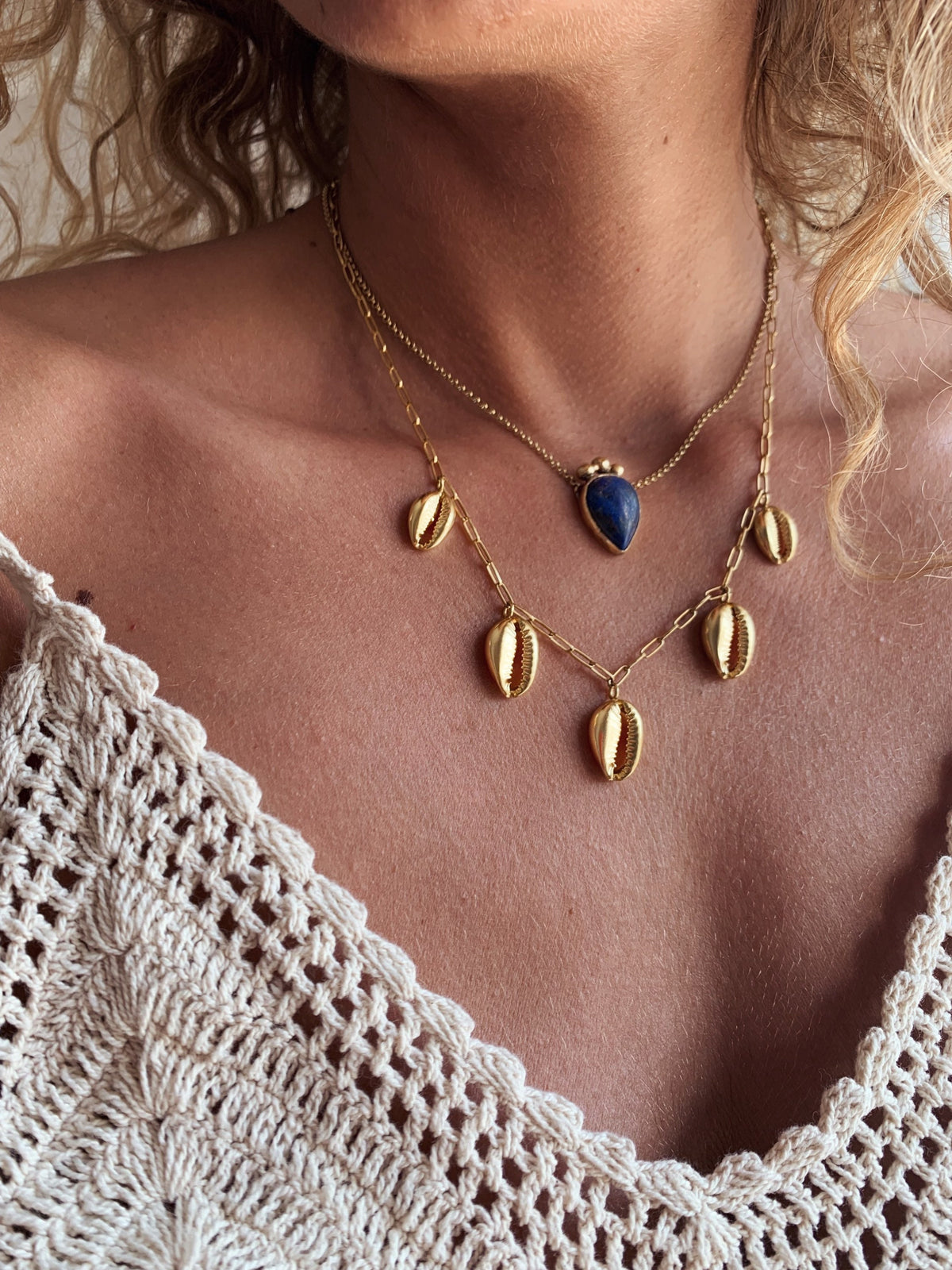 Silver 925 puka Shell Necklace: paperclip chain and multiple charms - KathyRossJewelry