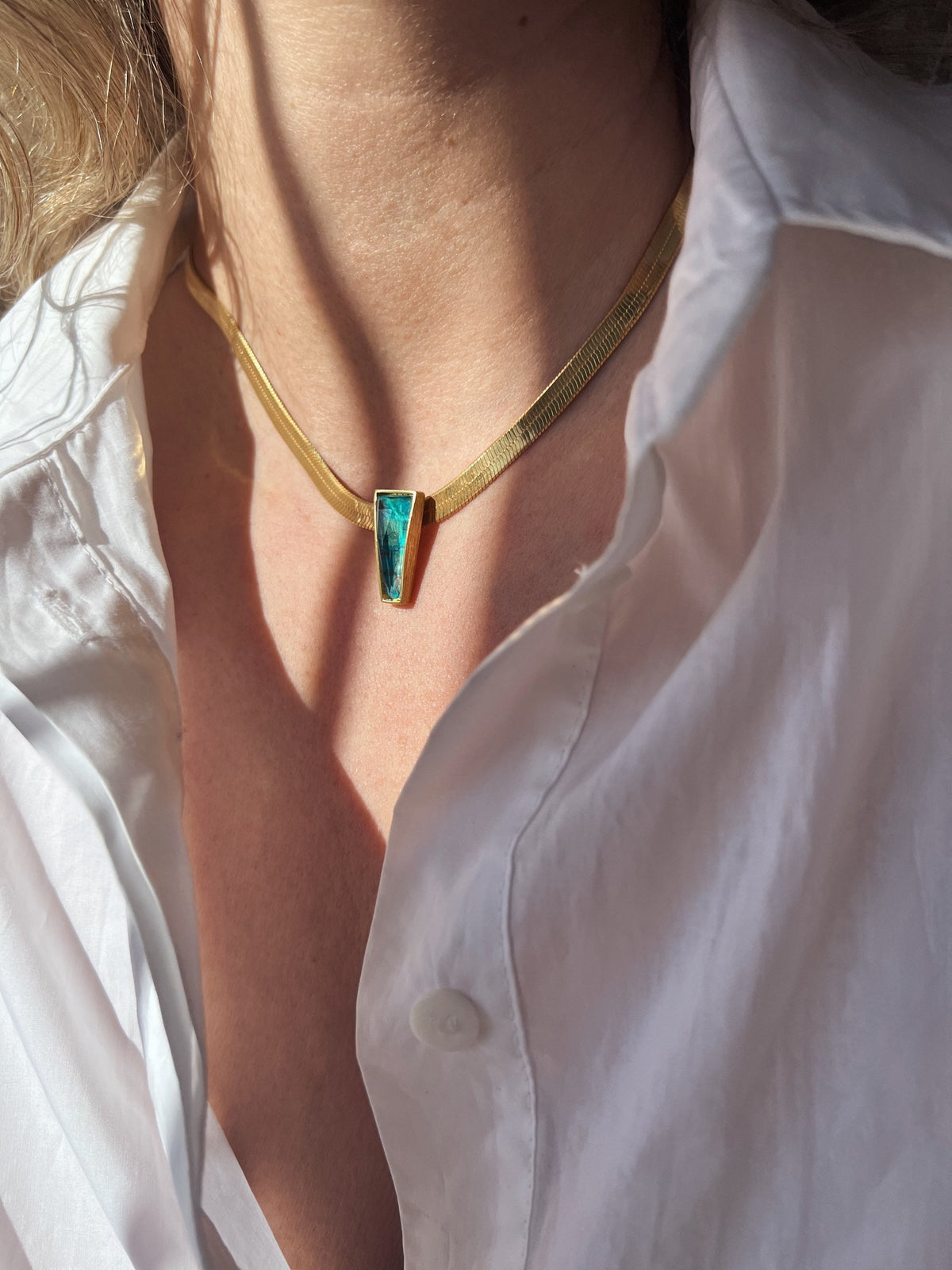 18k Gold filled Herringbone Chain Necklace: Chrysocolla Crystal Pendant, Handmade - KathyRossJewelry
