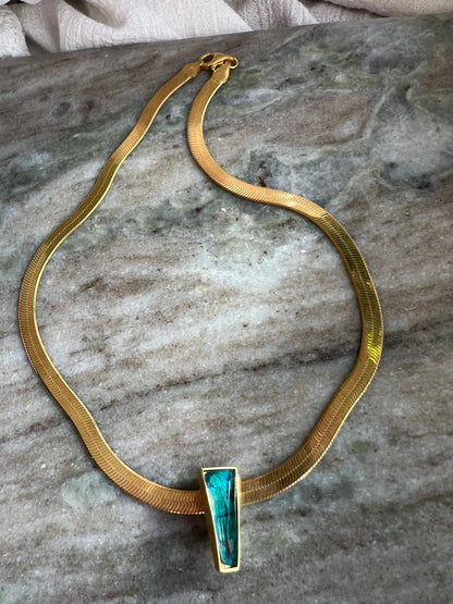 Gold Herringbone Chain Necklace: Chrysocolla Crystal Pendant, Handmade - KathyRossJewelry
