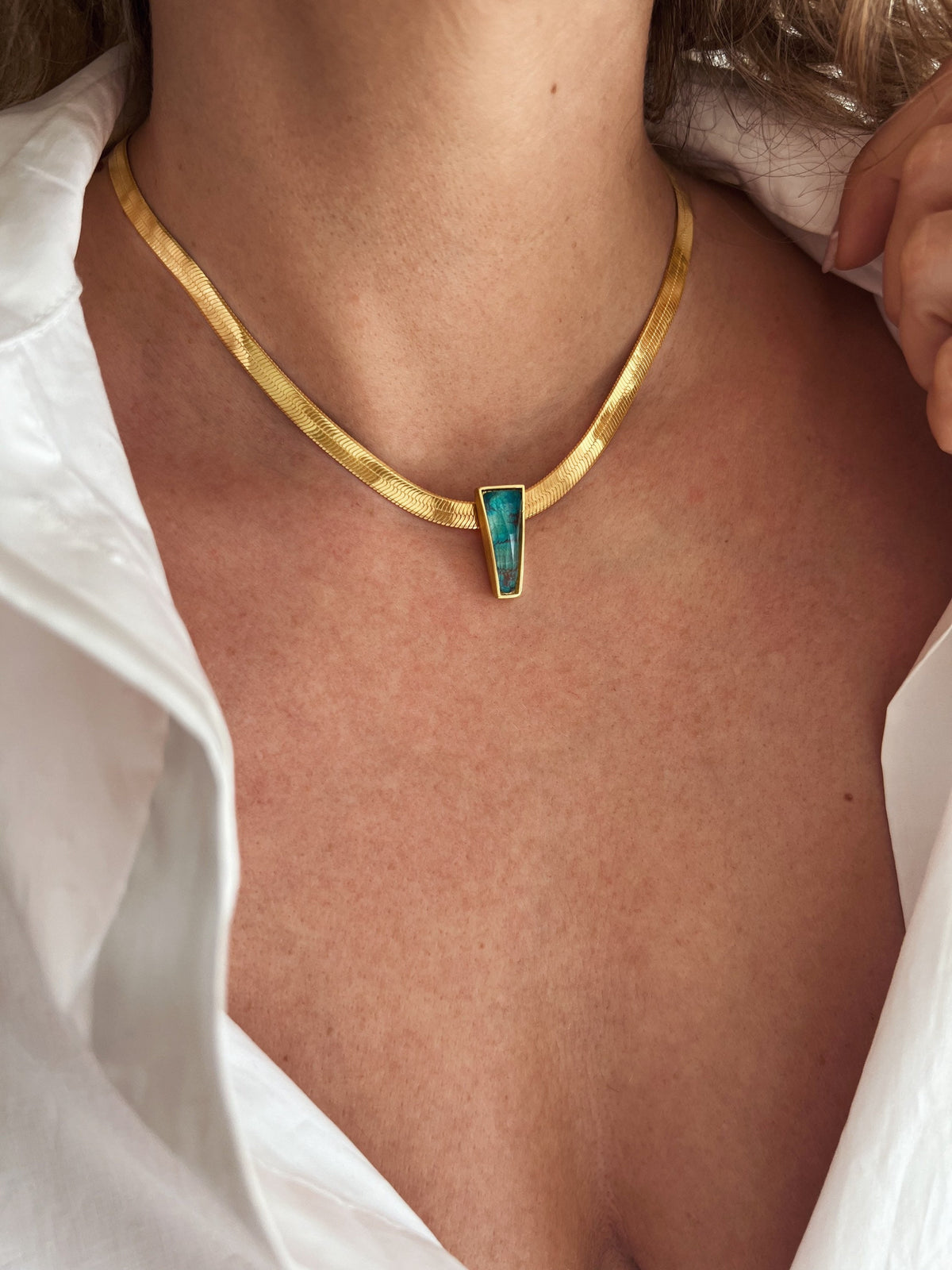 Gold Herringbone Chain Necklace: Chrysocolla Crystal Pendant, Handmade - KathyRossJewelry