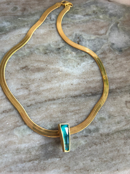 Gold Herringbone Chain Necklace: Chrysocolla Crystal Pendant, Handmade - KathyRossJewelry