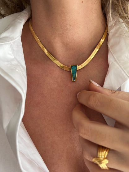 Gold Herringbone Chain Necklace: Chrysocolla Crystal Pendant, Handmade - KathyRossJewelry
