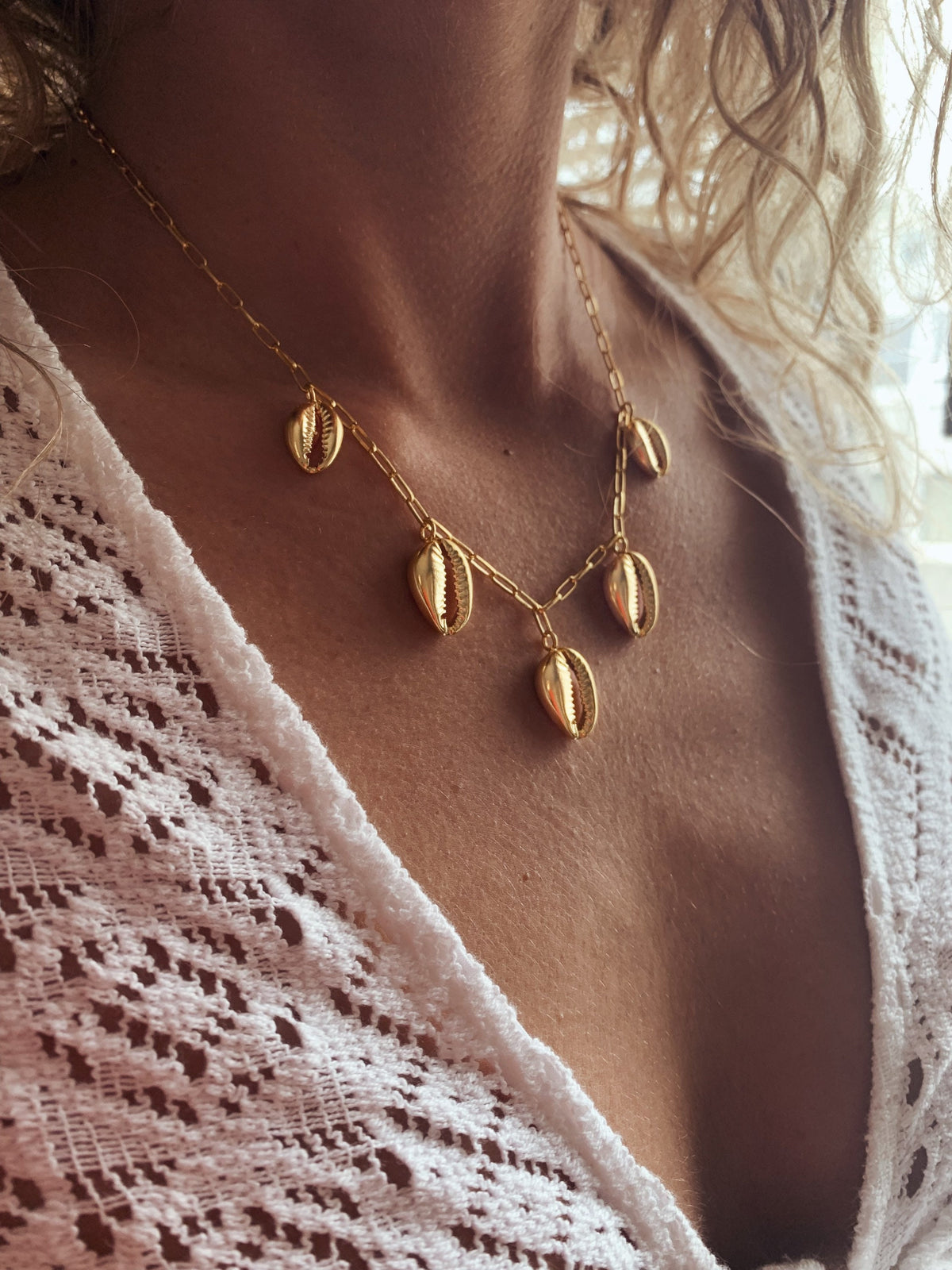 Silver 925 puka Shell Necklace: paperclip chain and multiple charms - KathyRossJewelry