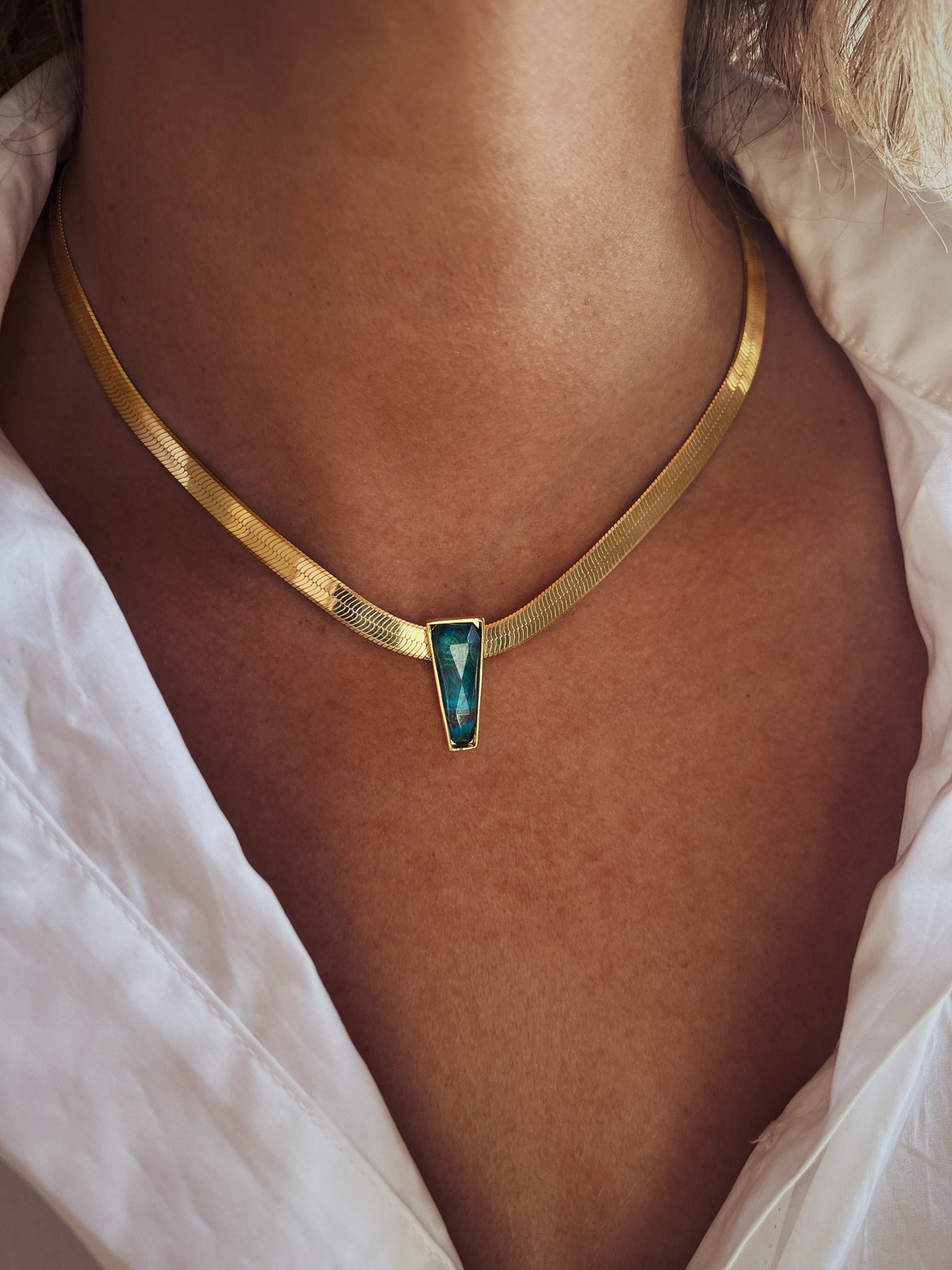 18k Gold Filled Sterling Silver Herringbone Necklace with Mother of Pearl Pendant - KathyRossJewelry