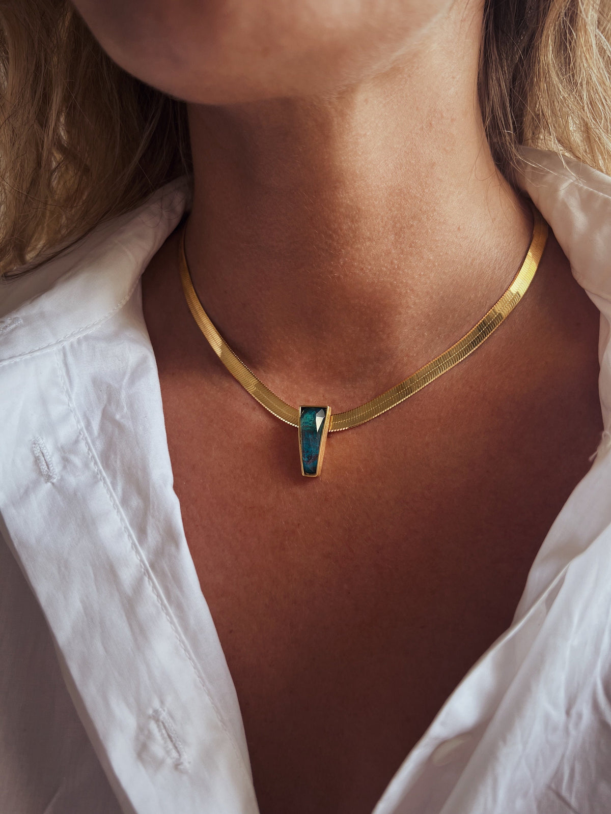 18k Gold filled Herringbone Chain Necklace: Chrysocolla Crystal Pendant, Handmade - KathyRossJewelry