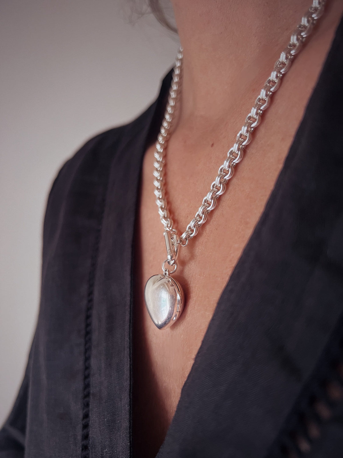 Sterling Silver Heart Locket on thick chain Necklace - KathyRossJewelry