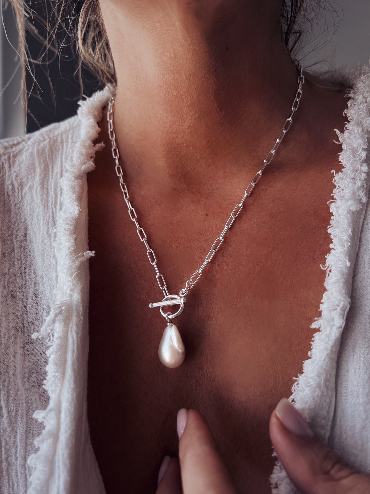 Baroque Pearl Necklace: Gold filled Sterling Silver Paperclip Chain, Toggle Clasp - KathyRossJewelry