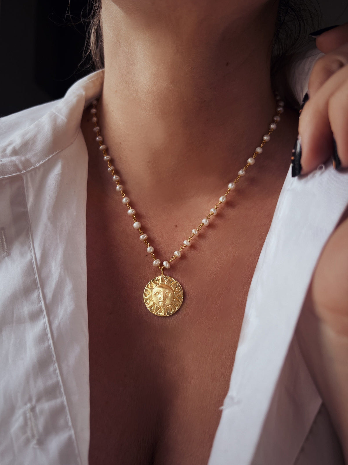 Pearl Rosary with gold sun charm necklace:18k gold filled on sterling silver 925 - KathyRossJewelry