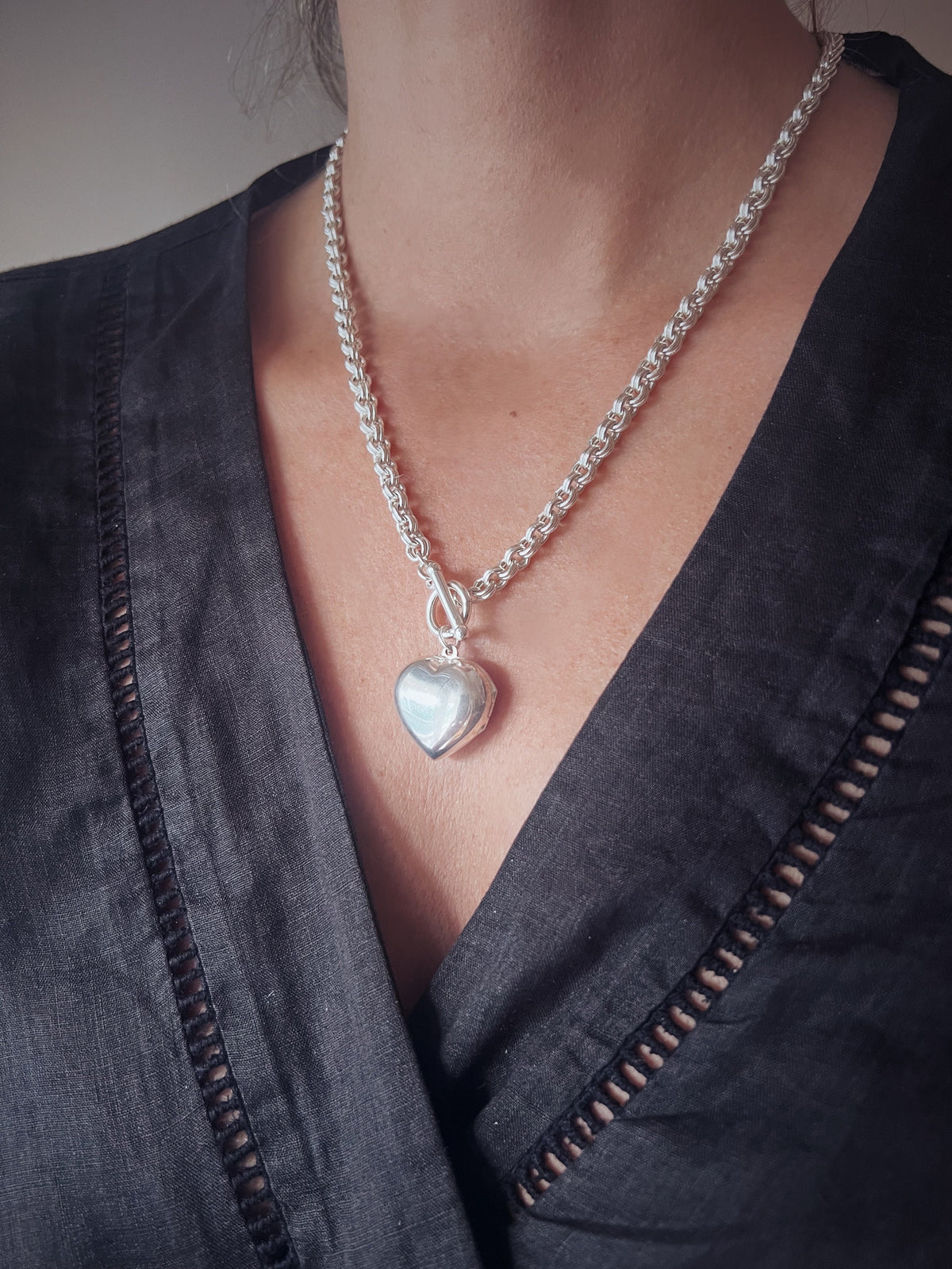 Sterling Silver Heart Locket on thick chain Necklace - KathyRossJewelry