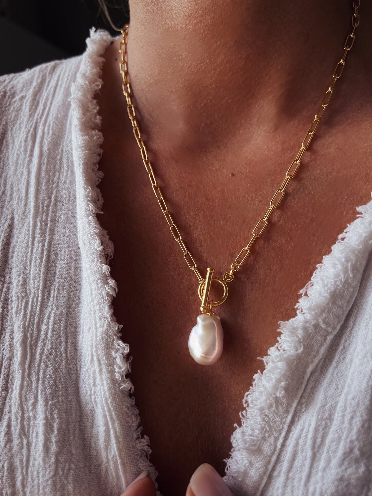 Baroque Pearl Necklace: Gold filled Sterling Silver Paperclip Chain, Toggle Clasp - KathyRossJewelry
