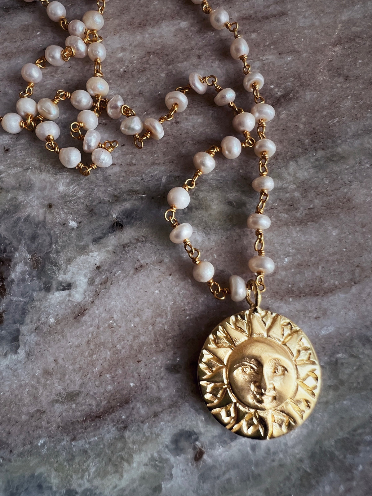 Pearl Rosary with gold sun charm necklace:18k gold filled on sterling silver 925 - KathyRossJewelry