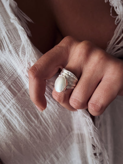 Silver band ring with oval white Mabe Pearl Ring - KathyRossJewelry