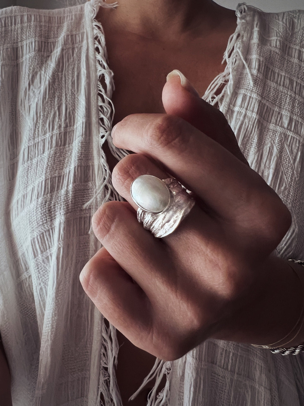 Silver band ring with oval white Mabe Pearl Ring - KathyRossJewelry