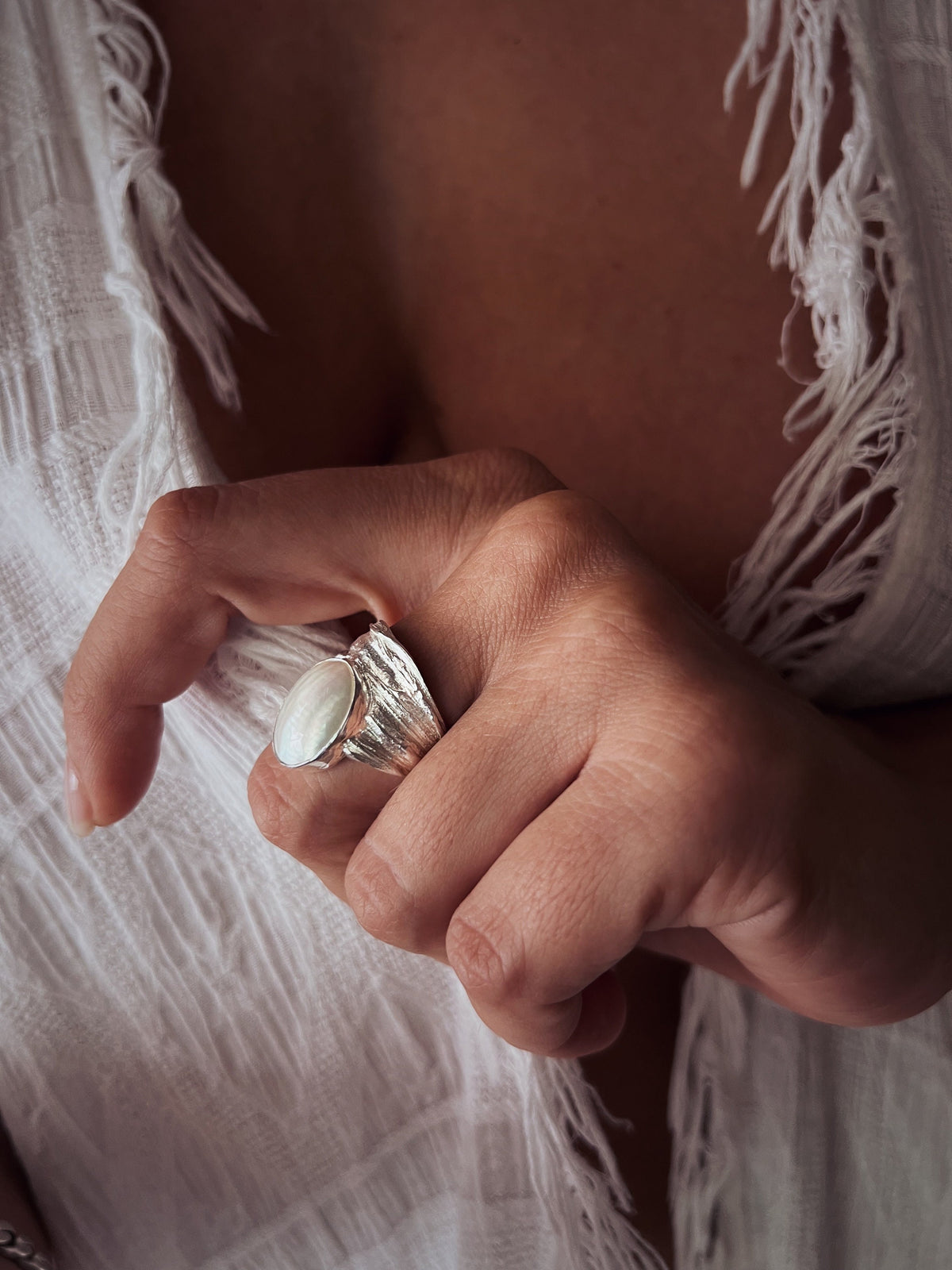 Silver band ring with oval white Mabe Pearl Ring - KathyRossJewelry