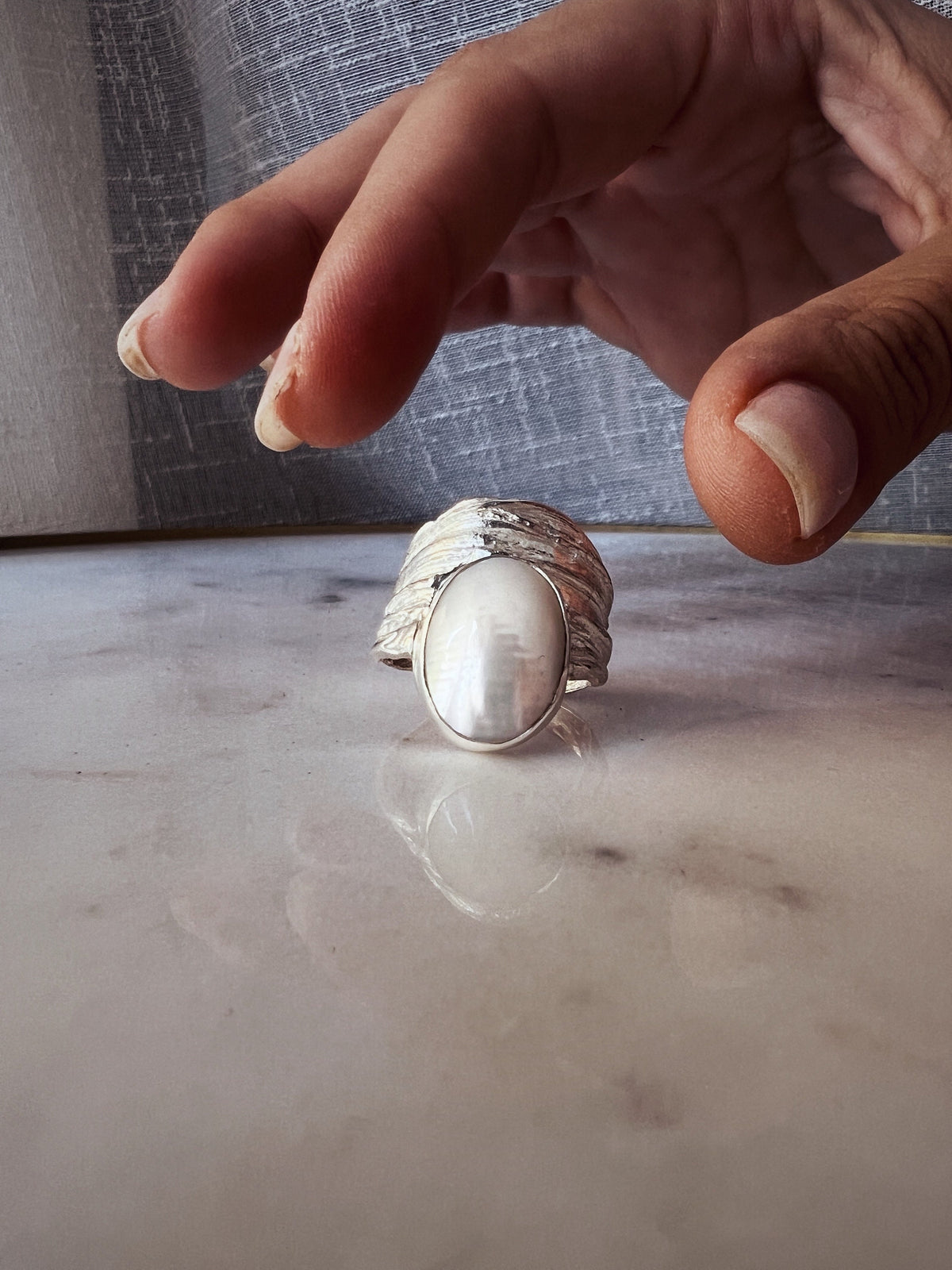 Silver band ring with oval white Mabe Pearl Ring - KathyRossJewelry