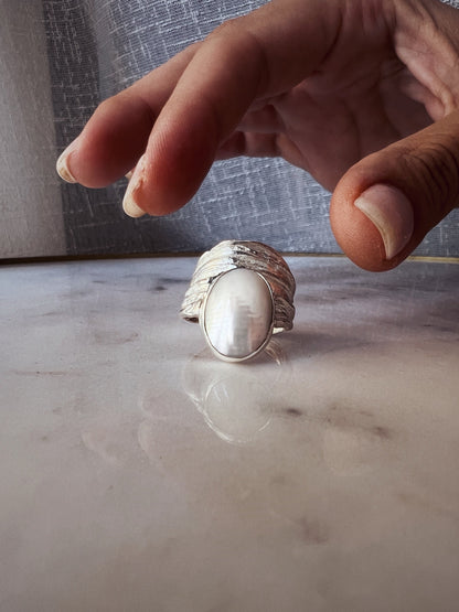 Silver band ring with oval white Mabe Pearl Ring - KathyRossJewelry