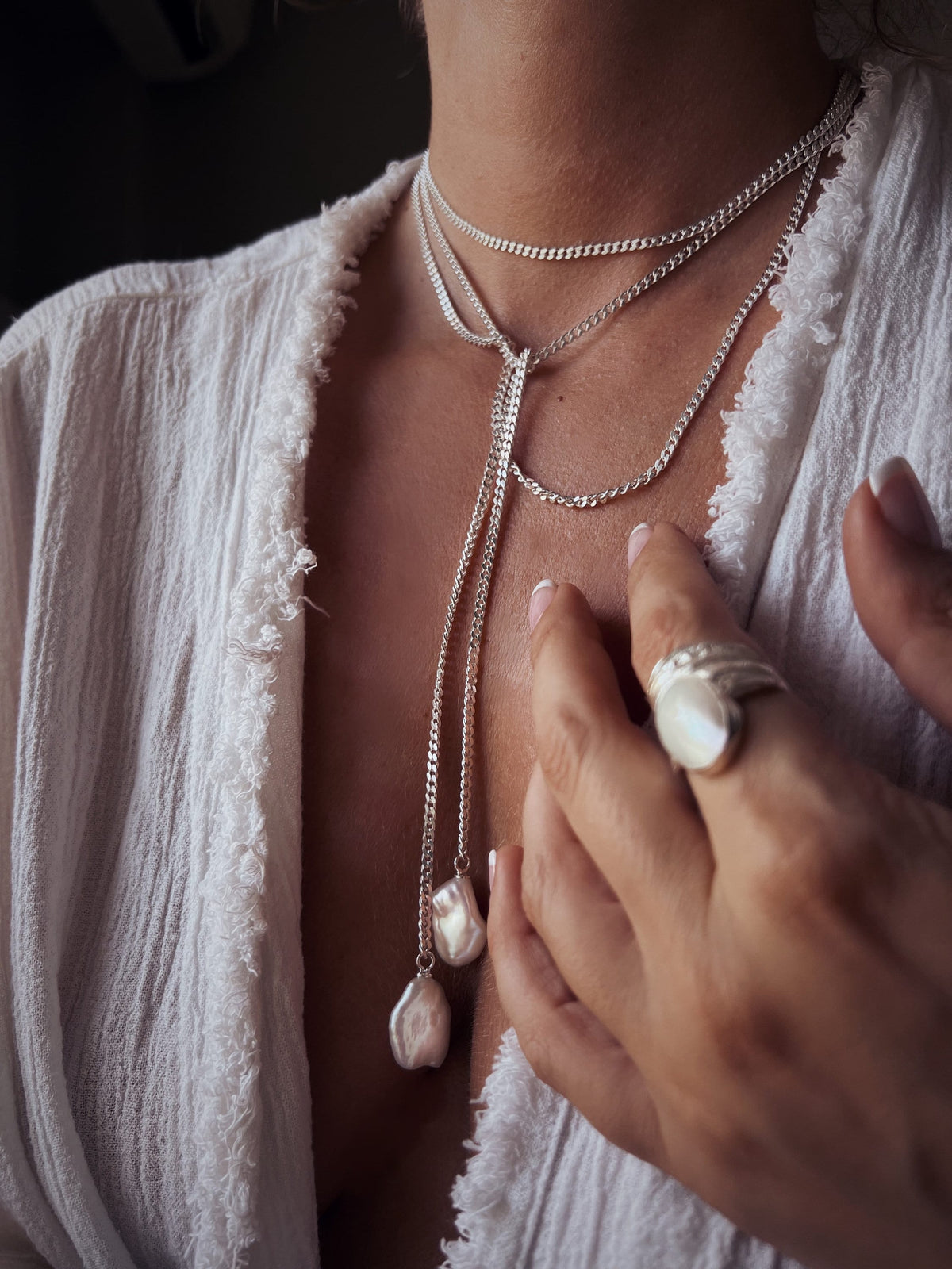 Long silver lariat necklace with baroque pearls - KathyRossJewelry